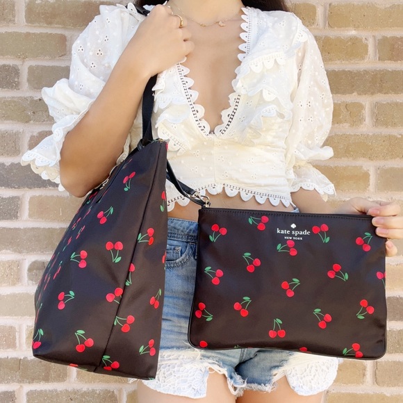 Kate Spade Mel Packable Tote Little Better Nylon + Zip Wristlet Tossed Cherry - Picture 2 of 4